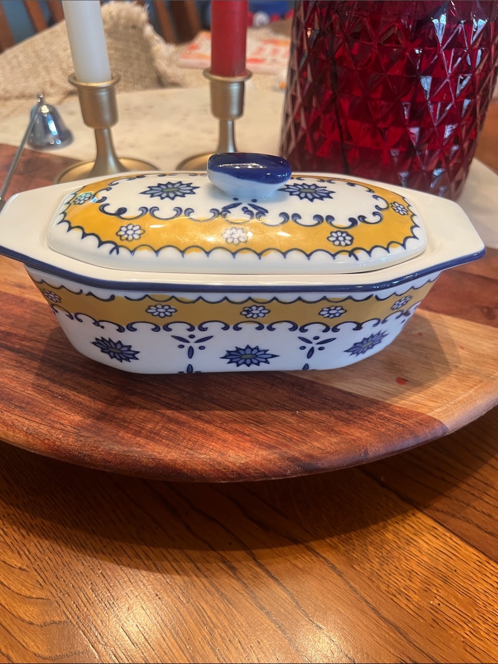 Vintage Cook Street Ceramic Covered Butter Dish 3 Pieces Yellow Blue Floral VG